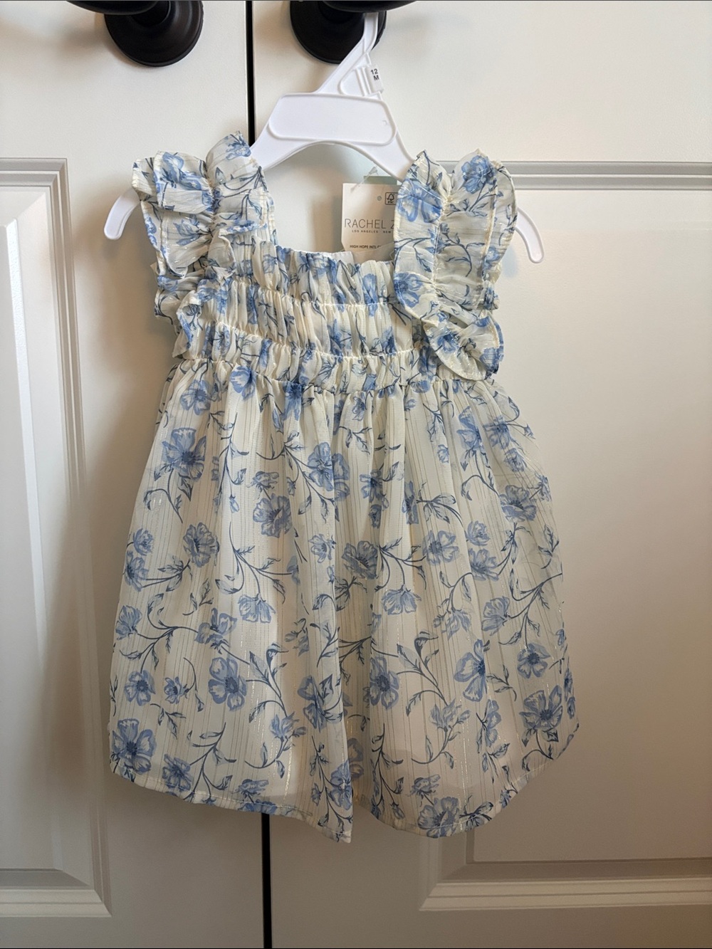 Rachel Zoe Cream Dress with Blue Floral Print and Ruffle Straps